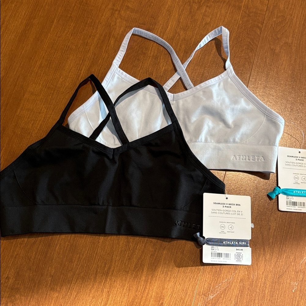 NWT Athleta Girl Bundle of two Seamless V-Neck Bras, 1 blue & 1 Black Sz L/12